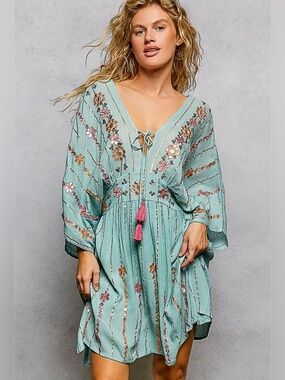 POL Embroidered Tassel Tie Boho Dress | Seafoam | SM142